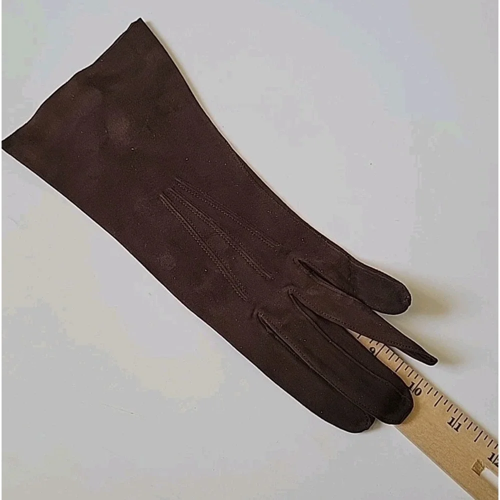 Miss Aris Gloves Vintage Suede‎ Bracelet Length Five Finger Chocolate Brown